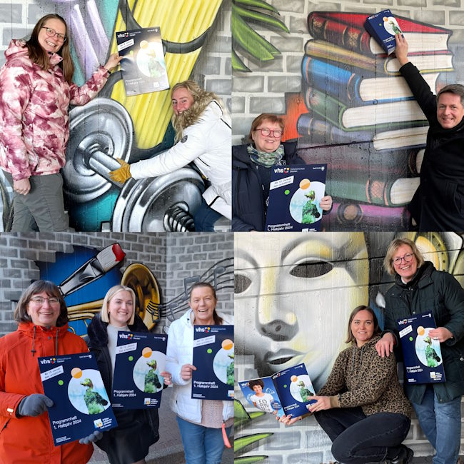 Die Bild-Collage zeigt das VHS-Team vor dem neuen Graffito am Bildungszentrum Maria Lindenhof.